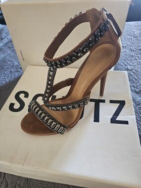SCHUTZ Brown Suede Crystal T-Strap High Heel Sandals